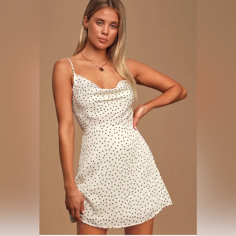 Spot in My Heart White Polka Dot Satin Cowl Neck Mini Dress